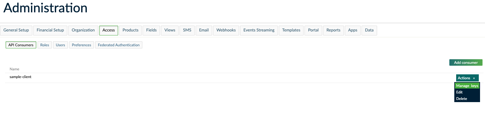 Manage Keys option displayed in API consumer list
